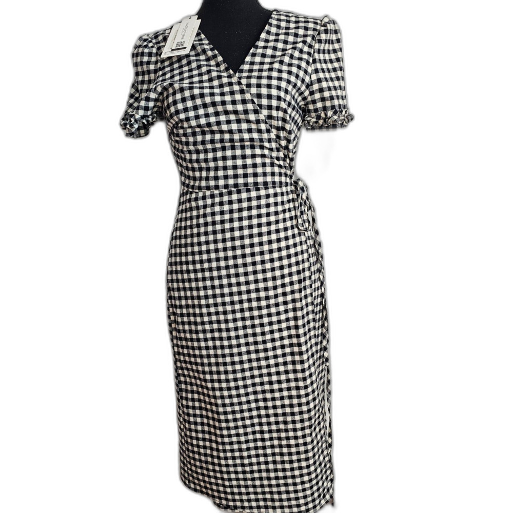 NWT Haoduoyi Black & White Checkered Cotton Wrap Dress